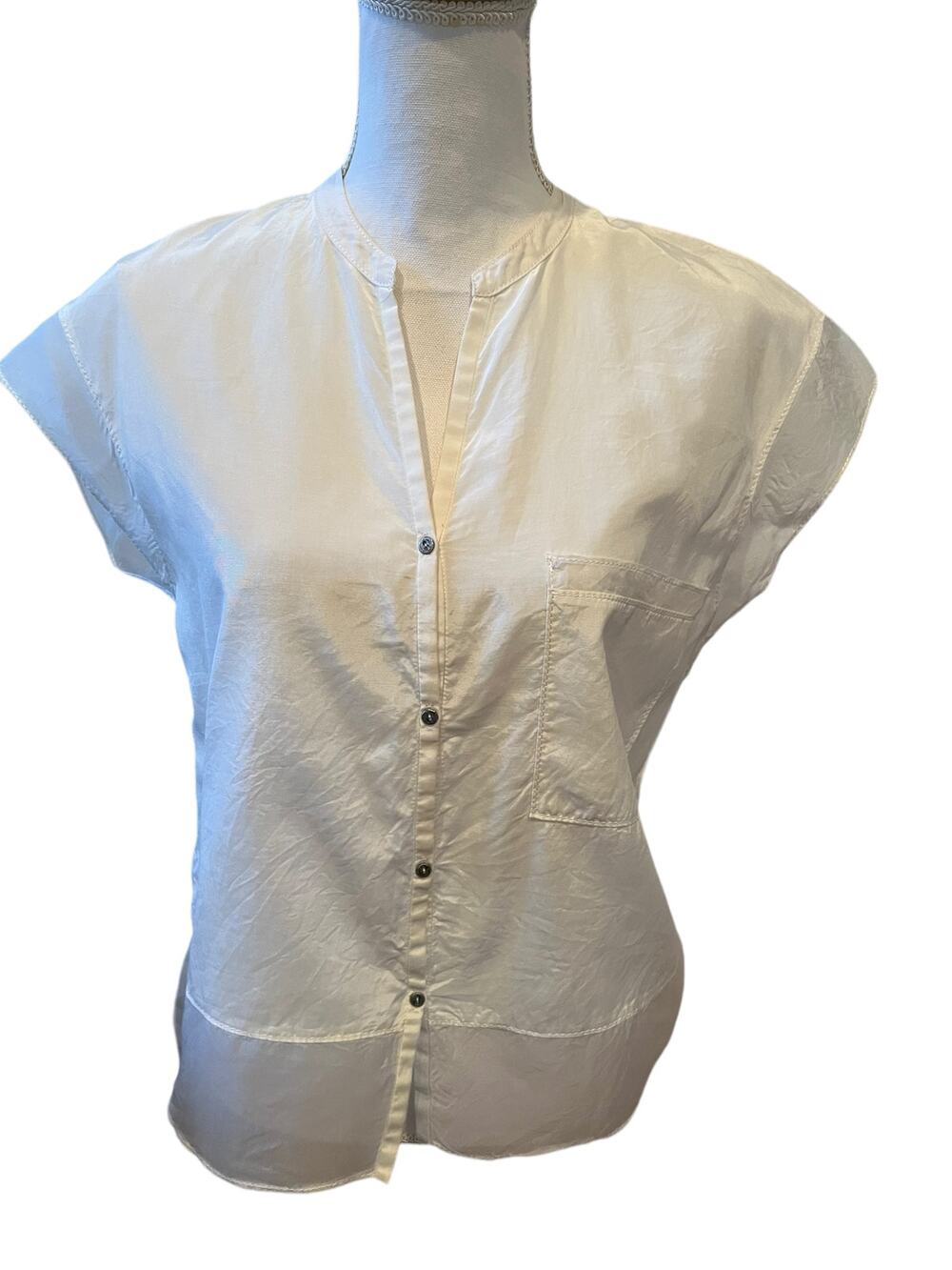 Helmut Lang Boxy Short Sleeve Multi media Collarless Top Cotton Silk Ivory